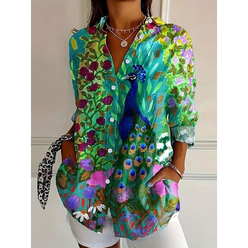 Women's Shirt Button Down Tunic Shirt Collar Long Sleeve Floral Graphic Bird Daily Stylish Casual Regular Tops Work Daily s Print Red Blue Sky Blue Orange Green Spring2