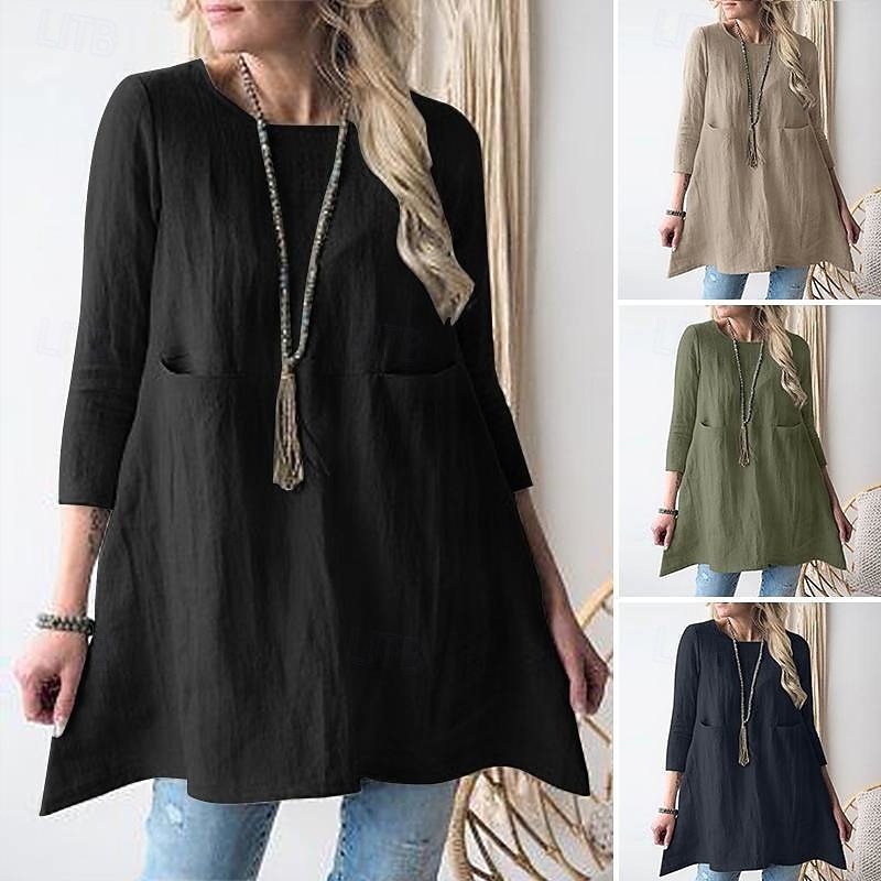 Women's Cotton Linen Shirts Plain Daily Stylish Basic 3/4 Length Sleeve Crew Neck Regular Tops Work Daily Holiday Pocket Black Navy Blue Khaki Spring Fall