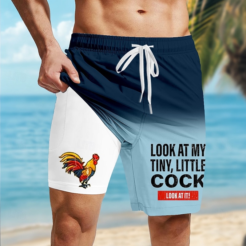 Men's Rooster Letter Printed Funny Lined Shorts 2 in 1 Board Shorts Swim Shorts Mid Waist Hawaiian Vacation Beach Wear Side Pockets With Compression Liner Elastic Drawstring Waist Designer Clothing4