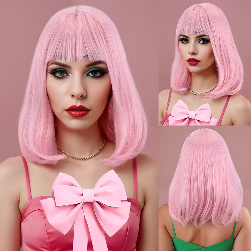 Synthetic Wig Straight kinky Straight Asymmetrical Neat Bang Machine Made Wig 14 inch A1 Synthetic Hair Women's Classic Comfortable Color Gradient Pink