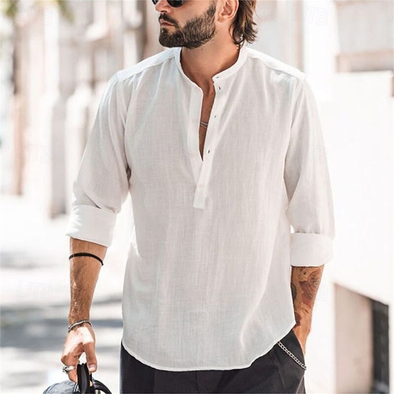 Men's Shirt Linen Shirt Band Collar Shirt Popover Shirt Summer Shirt Beach Wear Plain Vacation Street Black White Light Green Light Blue Long Sleeve Stand Collar Summer Spring Clothing Apparel3