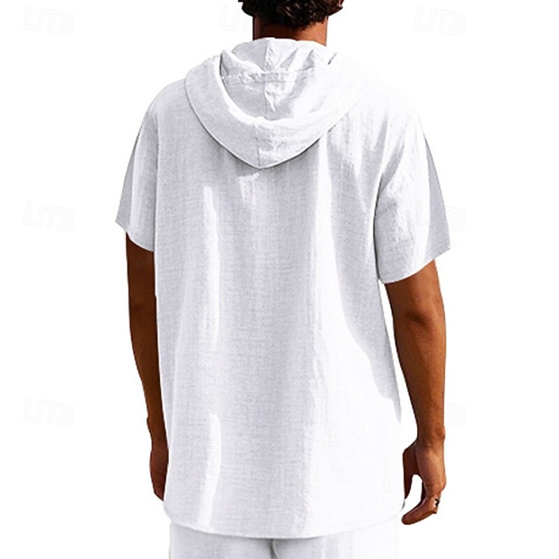 Men's Shirt Linen Shirt Popover Shirt Casual Shirt Cotton Shirt Plain Vacation Street Black White Yellow Navy Blue Short Sleeve Hooded Summer Clothing Apparel Button-Down2