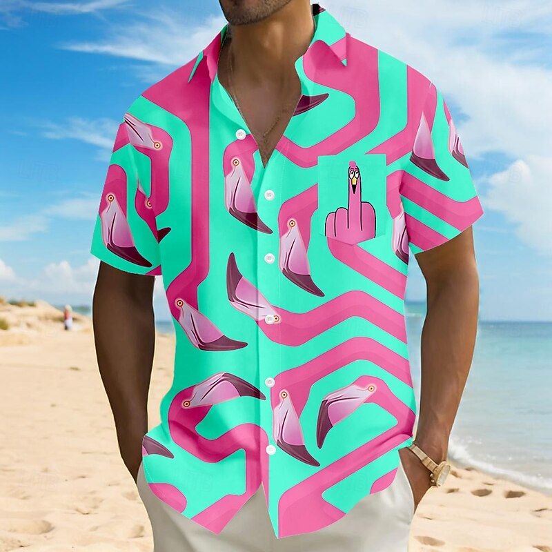 Men's Flamingo Bird Funny Shirt Summer Hawaiian Shirt Button Up Shirt Short Sleeve Hawaiian Vacation Holiday Beach Wear Summer Turndown 3D Print Front One Pocket Linen Like Shirt Black Yellow Blue