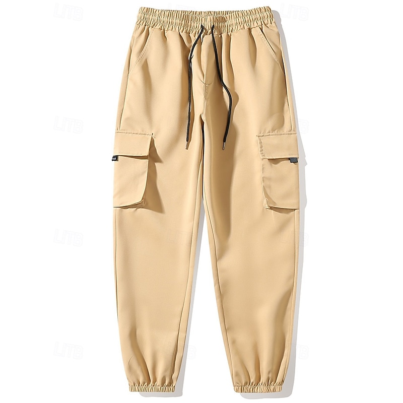 Men's Cargo Pants Trousers Elastic Waist Multi Pocket Plain Quick Dry Wearable Full Length Daily Casual Black Light Green2