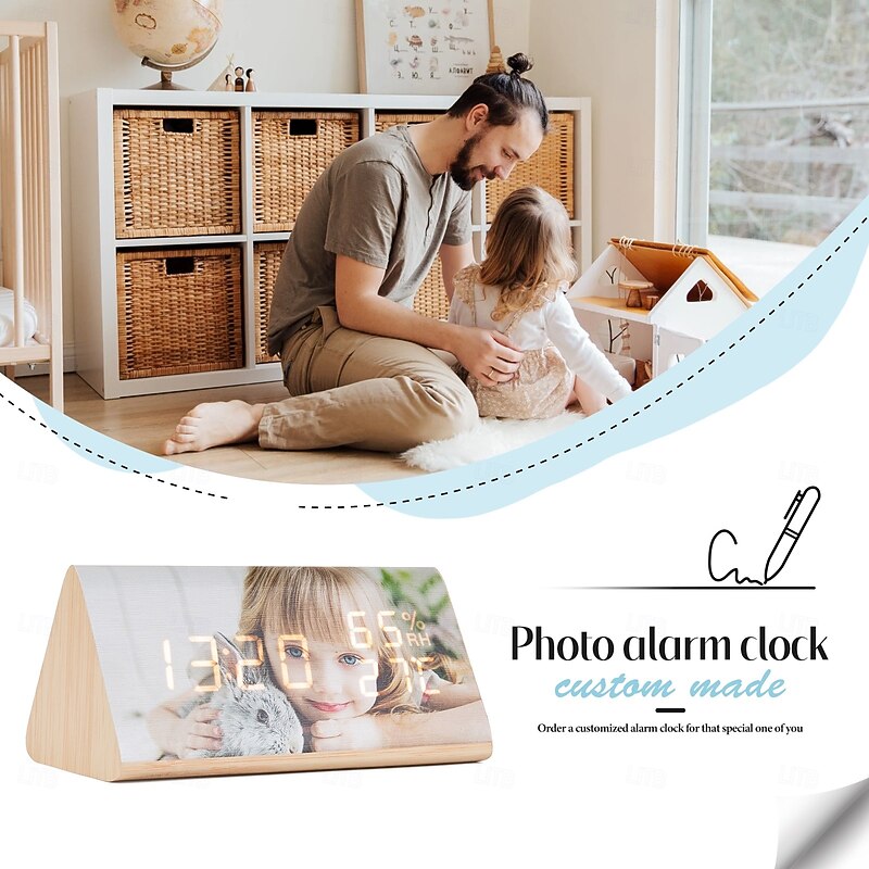 Personalized Photo Wooden Triangle Clock Custom Best Gift for Mom, Custom Message LED Alarm Clock, Stylish Home Decor, Ideal Valentine's Day, Birthday, Anniversary4