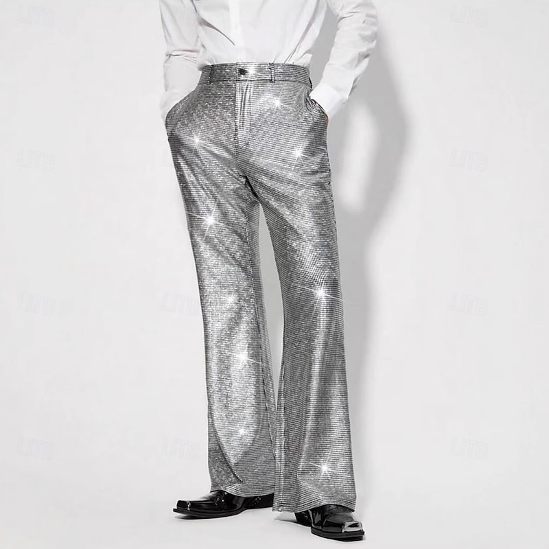 Retro Vintage 1970s 1980s Bell Bottom Pants Flared Trousers Disco Shiny Latex Patent Metallic Sequin Fancy Dress Men's Halloween Carnival Pride Parade Pride Month Adults' Pants All Seasons2