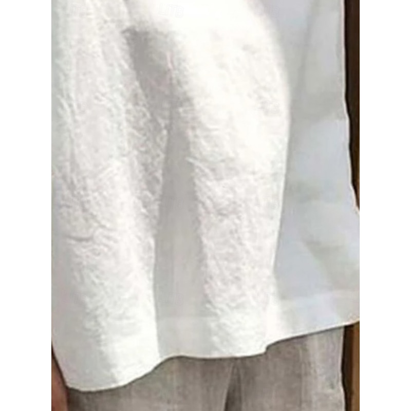 Women's Cotton Linen Blouse Solid Color Basic Casual 3/4 Length Sleeve High Neck Regular Tops Daily Patchwork Hollow Out Blue Summer3