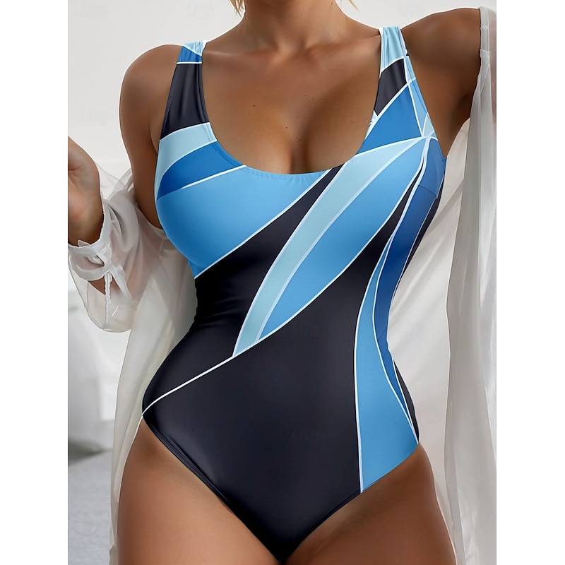 Women's Swimsuits One Piece Monokini High Cut Swimsuit Backless Tummy Control High Waist Slim Vacation Beach Wear Graphic Geometric U Neck Sleeveless Bathing Suits
