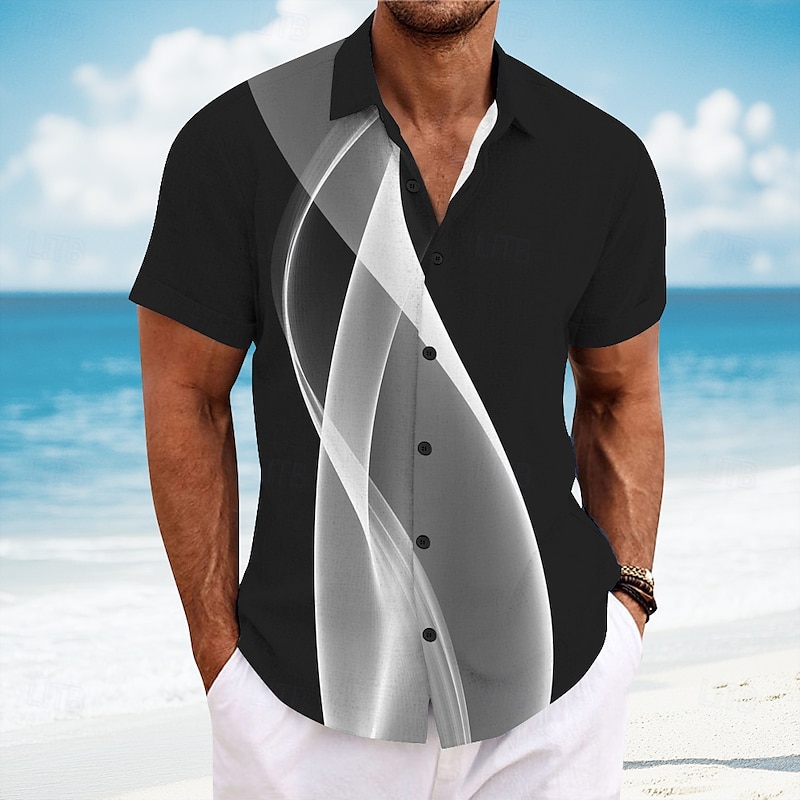 Men's Geometric Line Abstract Art Shirt Summer Shirt Button Up Shirt Short Sleeve Fashion Casual Outdoor Vacation Dailywear Summer Turndown 3D Print Linen Like Shirt Yellow Red Blue Green Gray