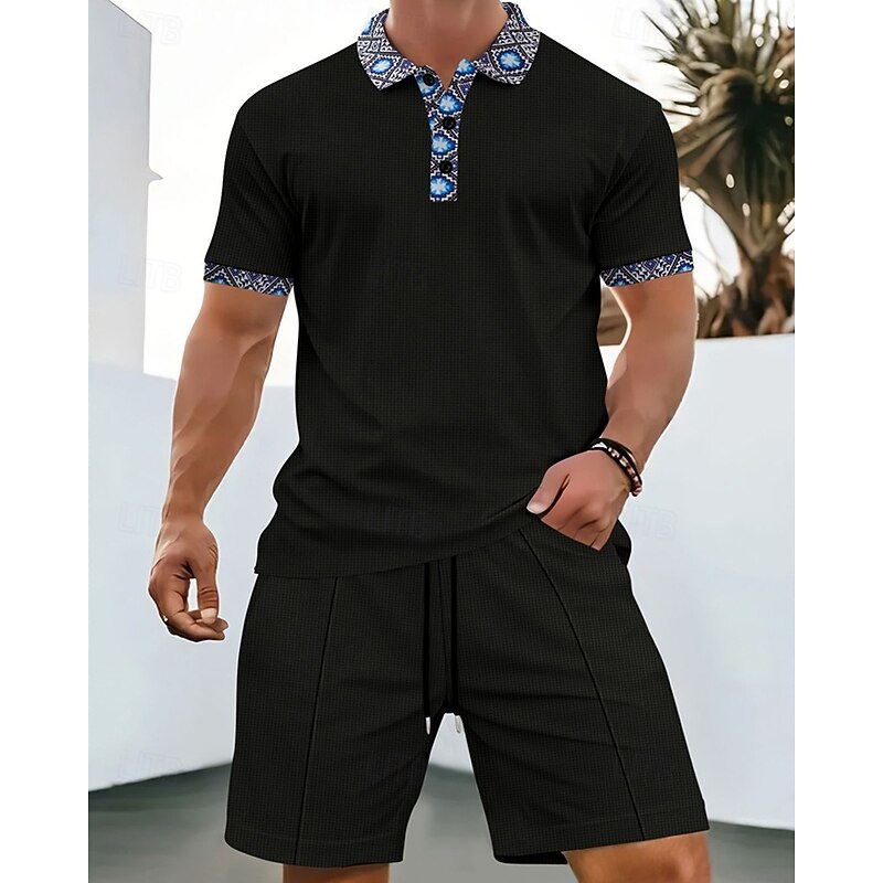 Men's Waffle Shirt T-shirt Suits 2 Pieces Outfits Tee & Shorts Short Sleeve Lapel Summer Plain Fashion Casual Patchwork 2 Piece Vacation Daily Wear Going out Black White Royal Blue Top Tee for Men4