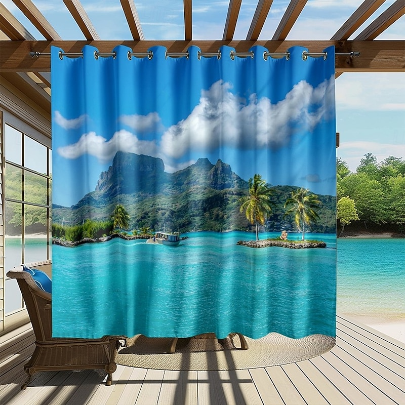 Waterproof Outdoor Curtain Privacy, Sliding Patio Curtain Drapes, Pergola Curtains Grommet 3D Ocean Island Landscape For Gazebo, Balcony, Porch, Party, 1 Panel3