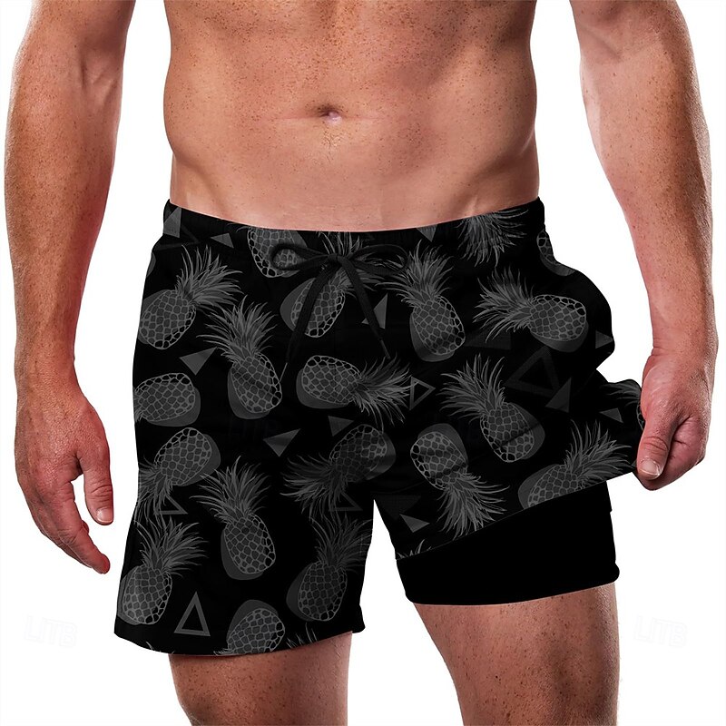 Men's Coconut Tree Tropical Plants Lined Shorts 2 in 1 Board Shorts Swim Shorts Mid Waist Hawaiian Vacation Beach Wear Side Pockets With Compression Liner Elastic Drawstring Waist Designer Clothing4