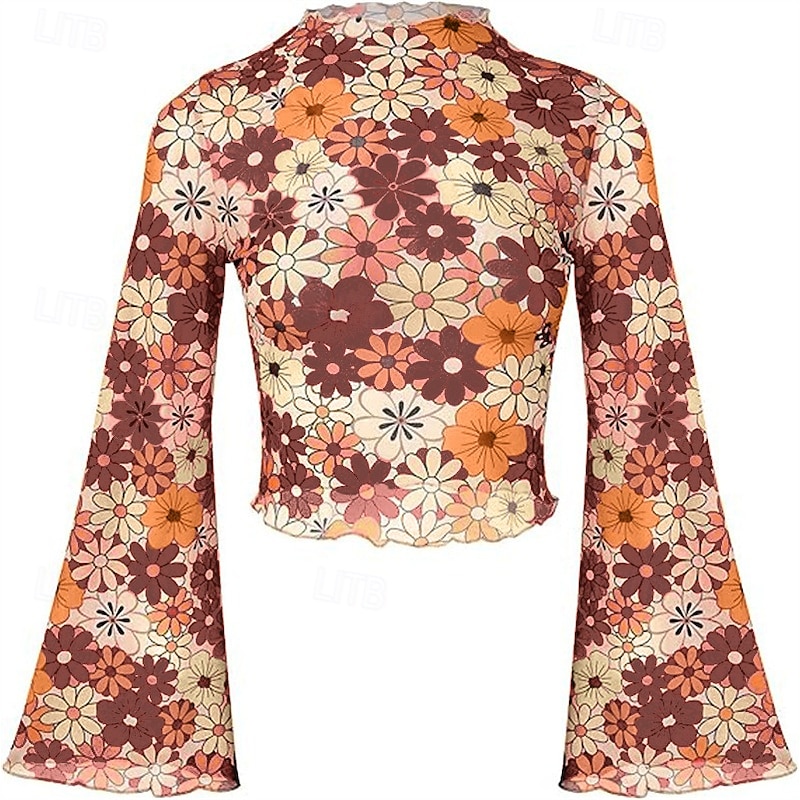 1970s Outfits for Women Bell Sleeve Tops Disco Outfit Floral Mock Neck Mesh Top