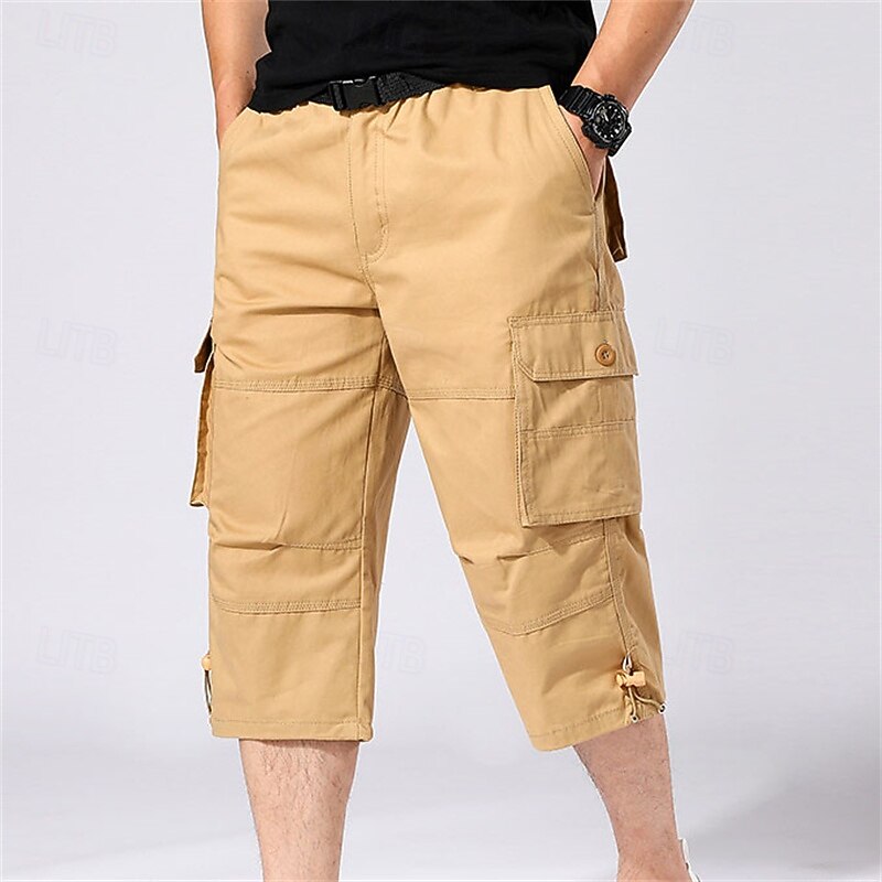 Men's Cargo Shorts Shorts Summer Shorts Drawstring Elastic Waist Multi Pocket Plain Comfort Wearable Calf-Length Outdoor Sport Daily Fashion Casual Black Khaki2