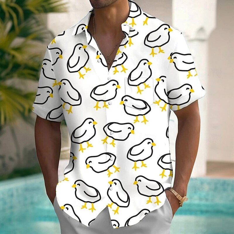 Men's Animal Chick Funny Shirt Summer Hawaiian Shirt Button Up Shirt Short Sleeve Hawaiian Vacation Holiday Beach Wear Summer Spring Turndown 3D Print Collared Shirts Front One Pocket White