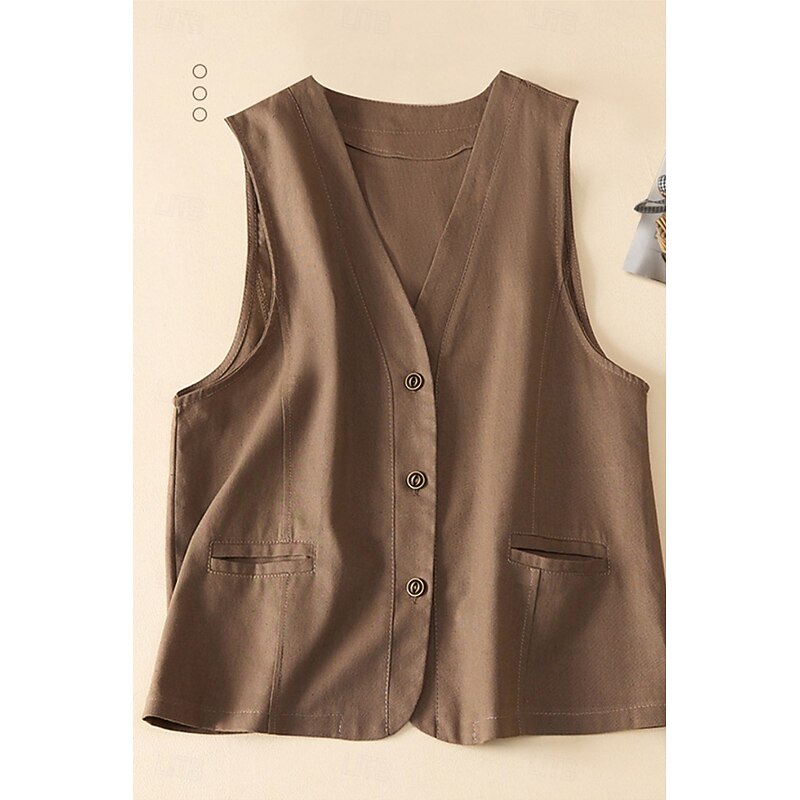 Women's Linen Shirt Cotton Linen Vest Button Up Plain Casual Sleeveless V Neck Regular Tops Daily Going out Buttons Pocket Black Khaki Apricot Summer