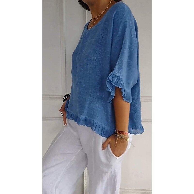 Women's Cotton Linen Blouse Solid Color Stylish Casual Half Sleeve Crew Neck Regular Tops Daily Holiday Ruffle Summer3