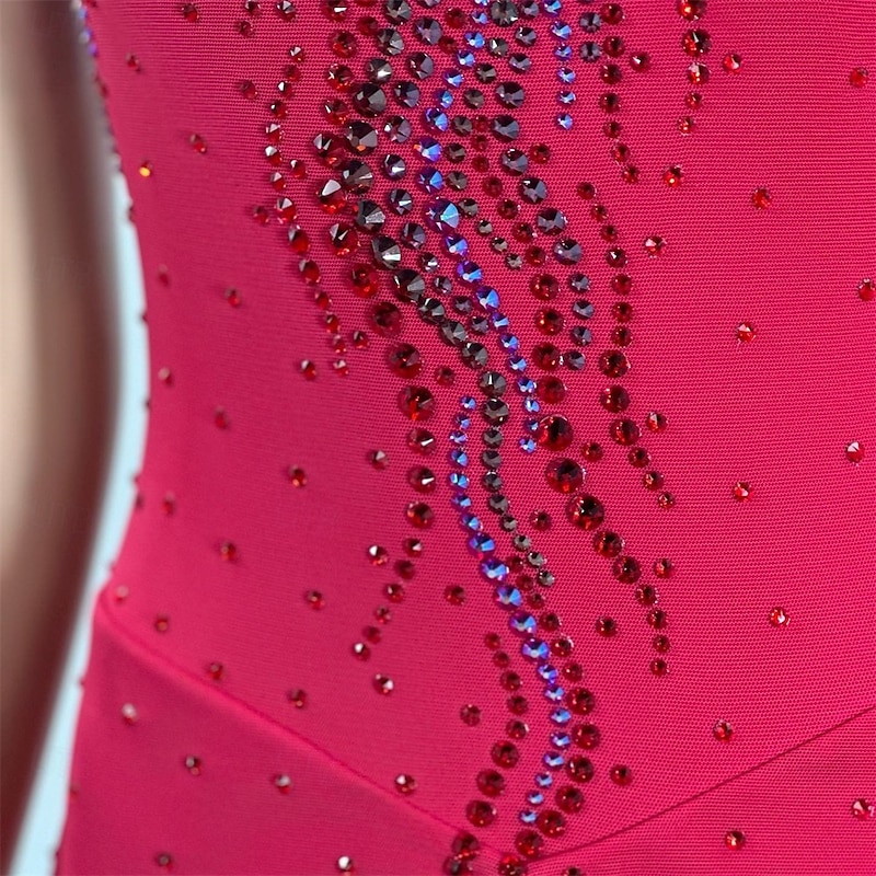 Figure Skating Dress Women's Girls' Ice Skating Dress Red Patchwork Asymmetric Hem Mesh High Elasticity Training Competition Skating Wear Classic Crystal / Rhinestone Sleeveless Ice Skating Figure4