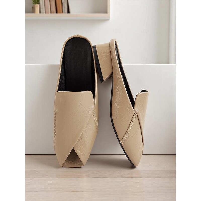 Women's Peep Toe Mules– Folded Design Faux Leather Mule Shoes for Modern Work Style2