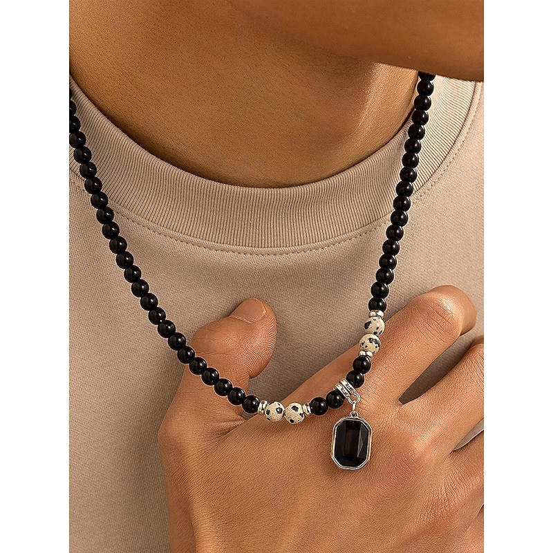 Men's Black Onyx Beaded Necklace with Tiger Eye Accents and Silver Pendant – Stylish Gift for Casual and Formal Occasions