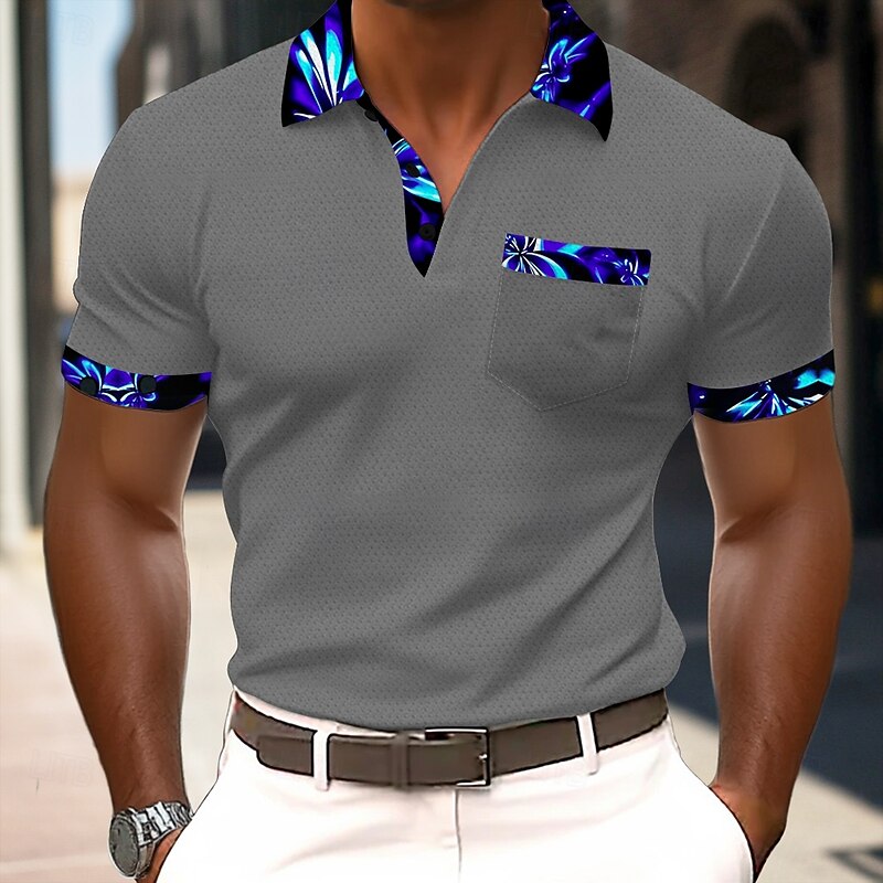 Men's Graphic Polo Short Sleeve Polo Shirts Collared Shirts Business Casual Outdoor Athleisure Daily Wear Buttons Pocket 3D Print Summer Black Blue Gray3
