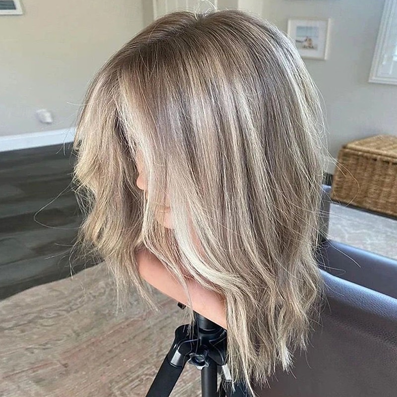 Short 100% VirginRemy Human Hair 5x5 Closure 13x4 Lace Front Wig Layered Haircut Brazilian Hair Wavy Blonde Wig Highlighted Colored Hair Natural Hairline Glueless For Women