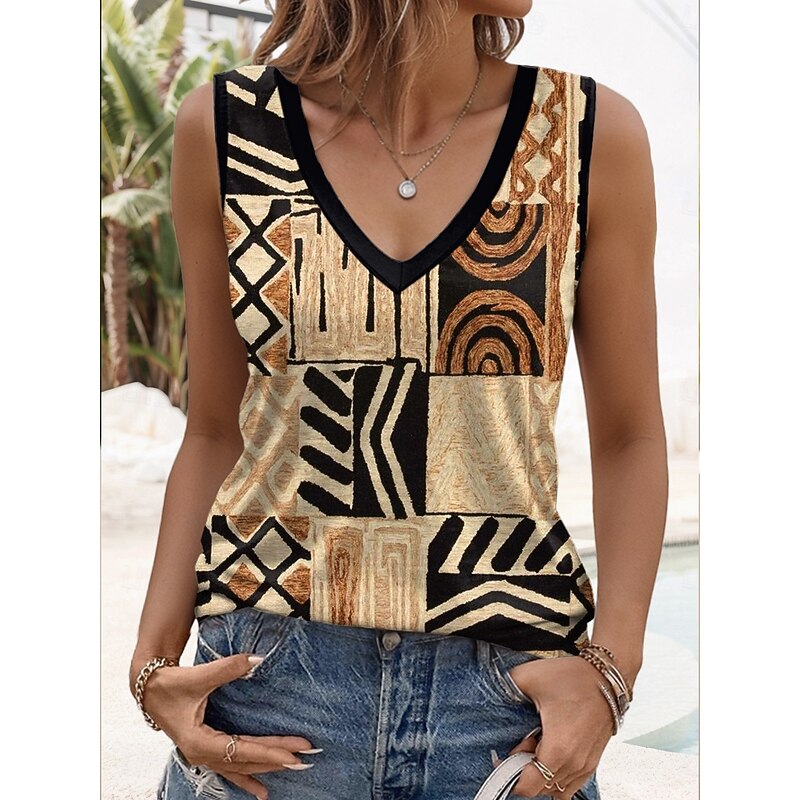 Women's Camisole Tank Top Graphic Geometric Casual Sleeveless V Neck Regular Tops Print Brown Summer Spring