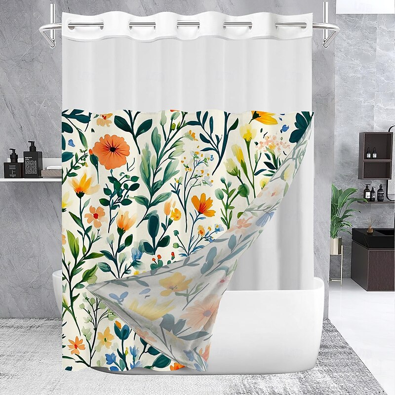 No Hook Shower Curtain 180cm*180cm(70"*70") with Snap-in Polyester Fabric Liner Sheer Top Window Waterproof Double Layer Bathtub Curtain Leaves Pattern2