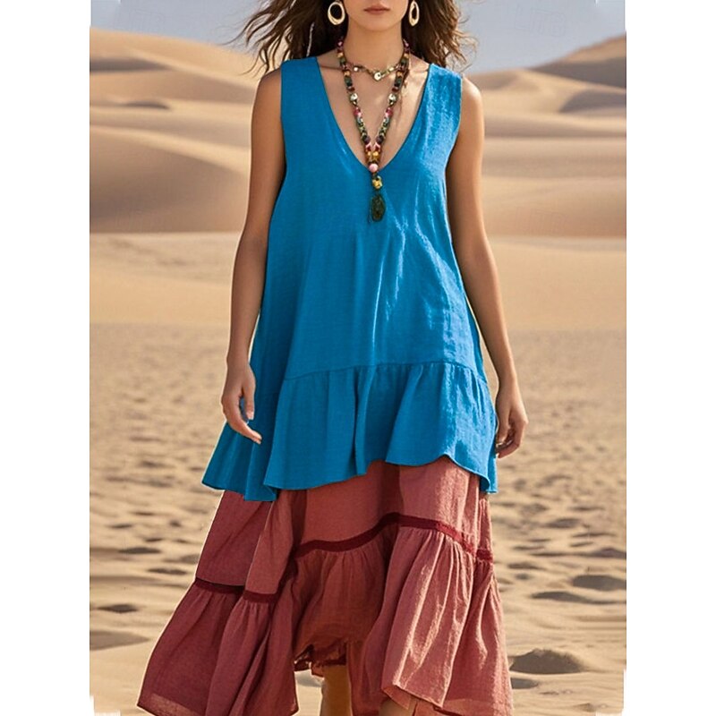 Women's Midi Dress Linen-Inspired Dresses Cotton Linen Dress Fashion Vacation Holiday Slim Color Block Sleeveless V Neck caramel Royal Blue Purple Green Summer4