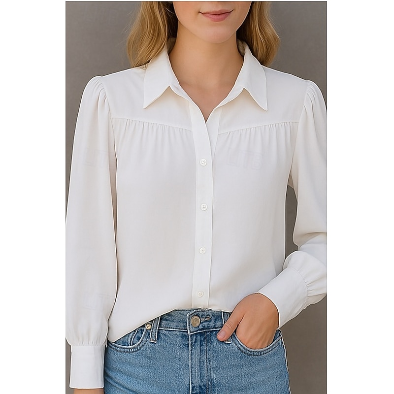 Women's Shirt Plain Basic Modern Long Sleeve Shirt Collar Regular Tops Daily Holiday Buttons White Summer4