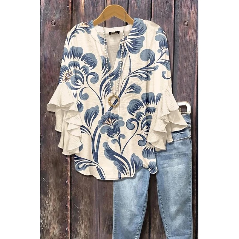 Women's Blouse V Neck Layered Ruffle Sleeve Tops Floral Graphic Daily Stylish Casual 3/4 Length Sleeve Regular Tops Daily Holiday Vacation Wear Print Blue Beige Light Blue Summer Spring3