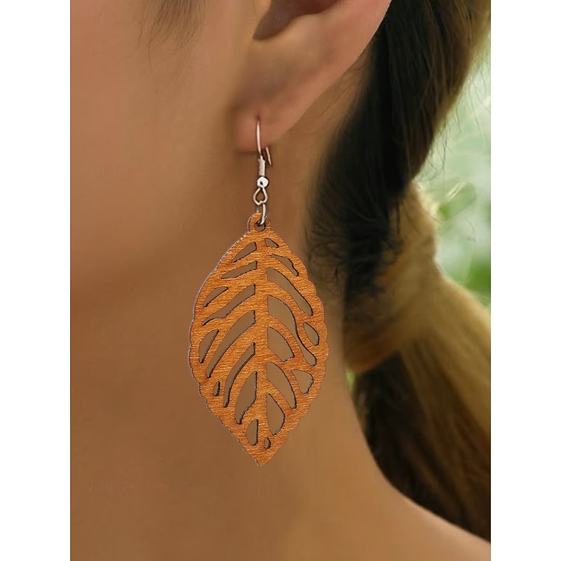Women's Boho Wood Dangle Earrings - Various geometric shapes, lightweight natural wood statement jewelry, perfect for casual looks, beach vacations and summer festivals