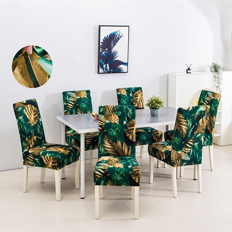 1/2/4/6pcs Elastic Dining Chair Cover Slipcovers And Anti-slip Fashion Dining Chair Cover Simple Plant Leaves Printing Chair Protective Cover For Home Decor Hotel Restaurant And Banquet Living Room2