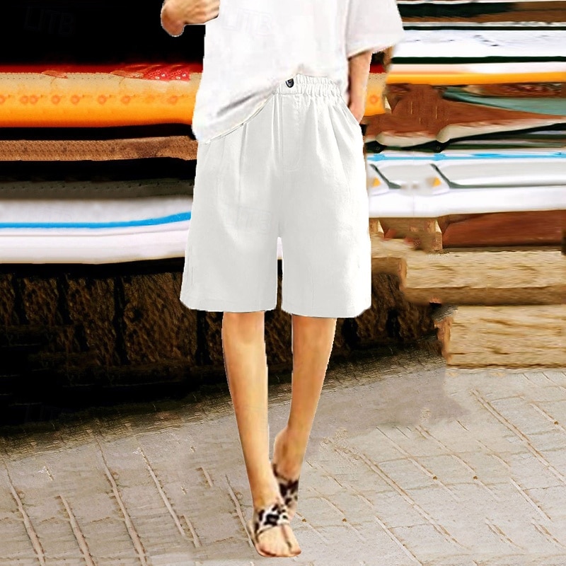 Women's Shorts Slacks Casual Knee Length Natural Plain Pocket Elastic Waist Comfy Outdoor Daily Wear Going out Peacock Blue Apricot Light Brown Light Sky Blue Summer Regular Fit2