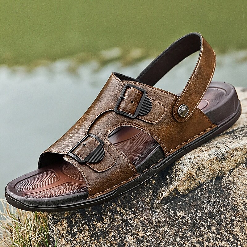 Men's Brown Adjustable Buckle Leather Sandals – Casual Summer Outdoor Footwear for Comfort and Style2