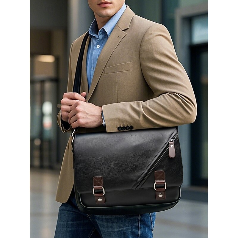 Men's Faux Leather Messenger Bag – Vintage Business Shoulder Bag with Adjustable Strap and Buckle Detail, Professional Briefcase for Office, Work and Travel3