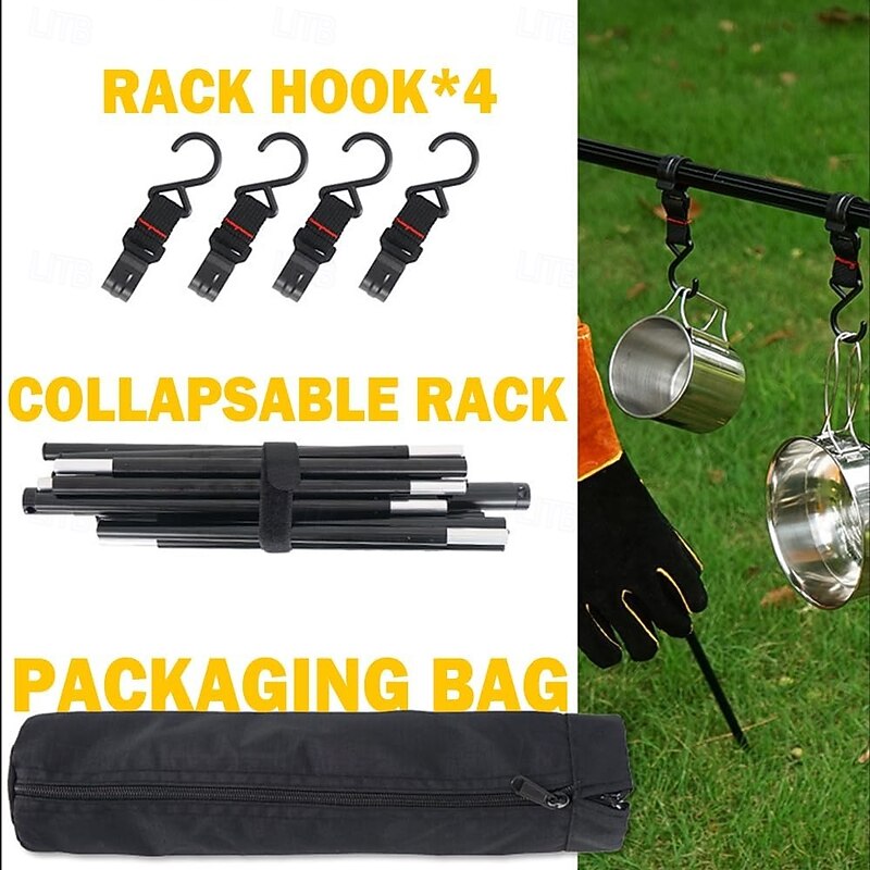 Foldable Tripod Camping Hanging Rack - 4 Hooks Outdoor Cookware Storage Portable, Outdoor Camping Folding Rack4