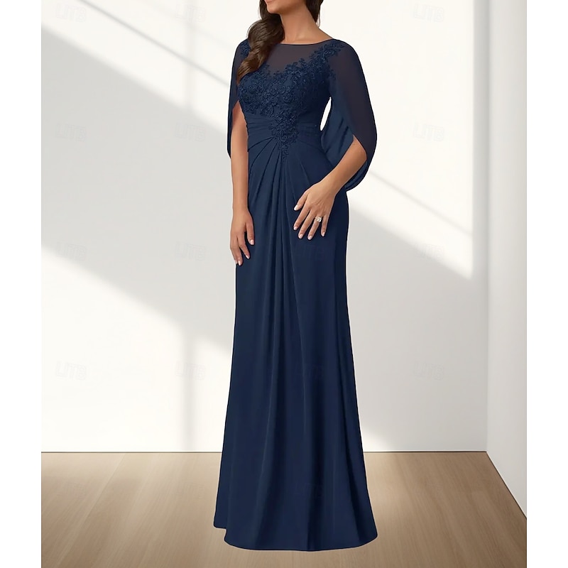 A-Line Mother of the Bride Dress Wedding Guest Elegant Crew Neck Floor Length Chiffon Sleeveless with Appliques Ruching3