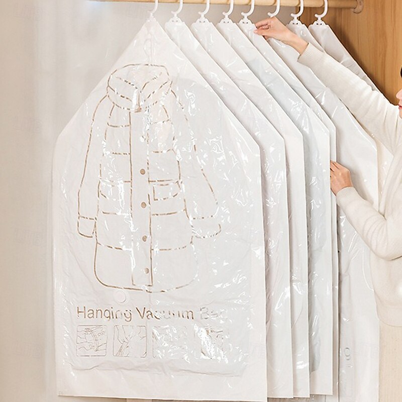 5 Pack Hanging Vacuum Storage Bags with Pump for Clothes, Space Saver Garment Compression Bags with Hooks, Dustproof Side Zipper for Coats, Jackets, Duvets, Hanging Closet Organizer