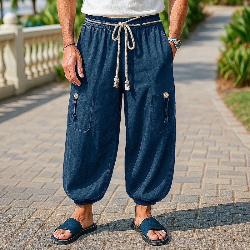 Men's Linen Pants Trousers Summer Pants Baggy Pants Drawstring Elastic Waist Wide Leg Solid Color Plain Comfort Breathable Full Length Outdoor Yoga Casual Vacation Fashion Navy Blue Micro-elastic