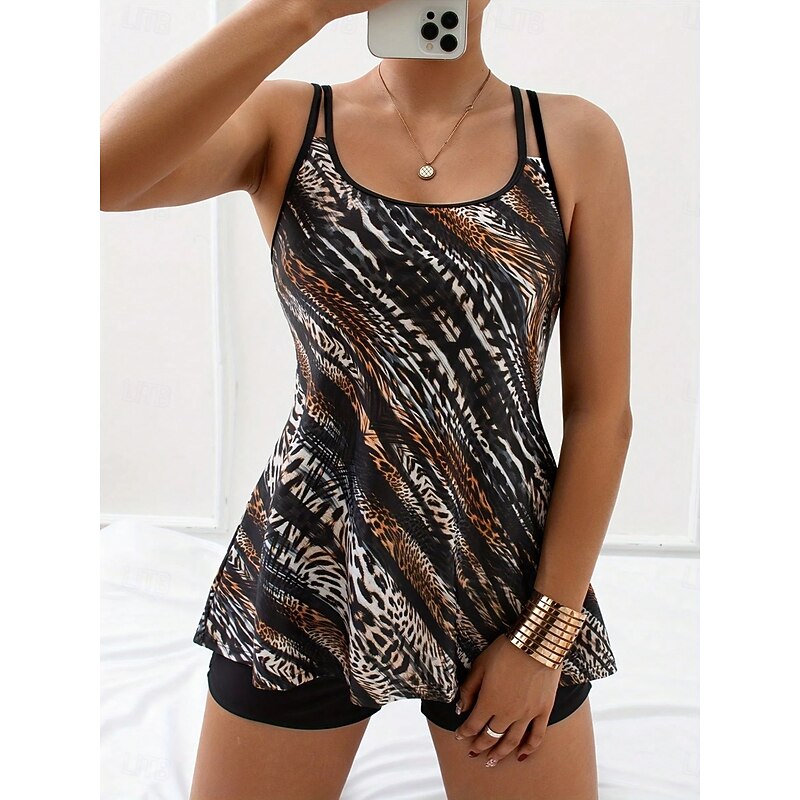 Women's Swimsuits Tankini 2 Piece Shorts Swimsuit Backless Vacation Beach Wear Graphic Leopard U Neck Sleeveless Bathing Suits2