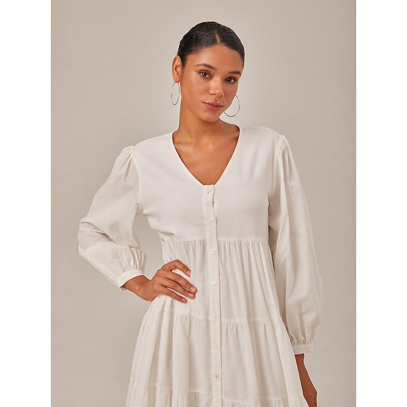 Women's Linen Cotton Blend White Dress Button V Neck Solid Color Boho Maxi Dress2