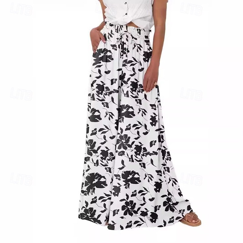 Women's Culottes Wide Leg Slacks Pants Trousers Casual Boho Full Length Natural Flower Pocket Elastic Waist Printing Comfy Outdoor Holiday Casual Daily Weekend Magenta White Blue Green Summer Regular