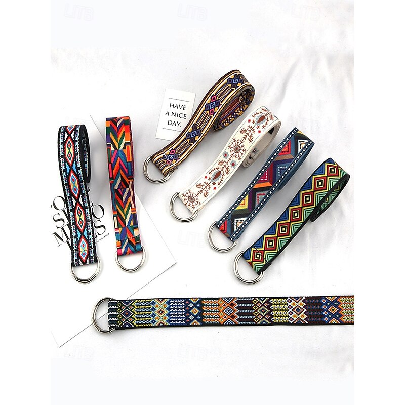 Fashionable geometric pattern belt for men and women - Colorful fabric belt with adjustable loop buckle - Stylish bohemian belt for casual and festive wear4