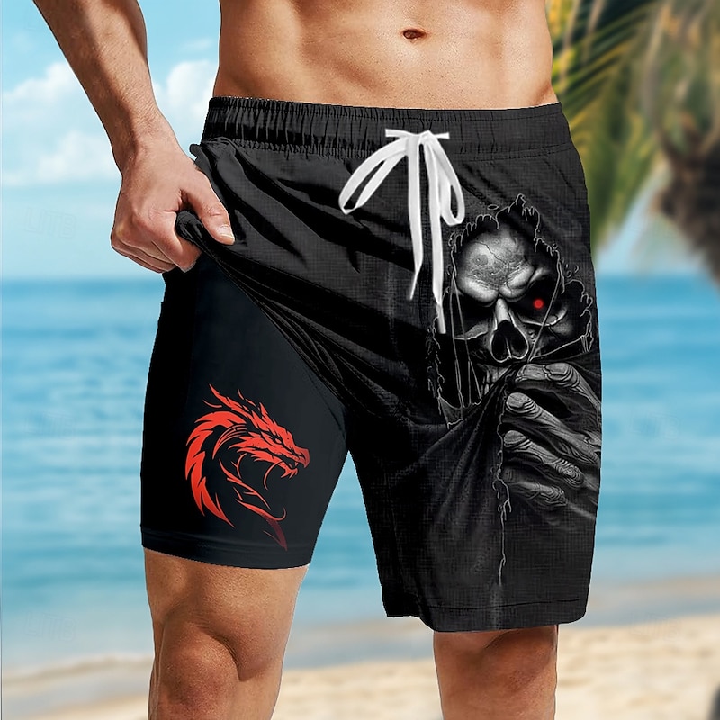 Men's Skull Dragon Halloween Costumes Lined Shorts 2 in 1 Board Shorts Swim Shorts Mid Waist Vintage Retro Vacation Holiday Beach Wear Side Pockets With Compression Liner Elastic Drawstring Waist