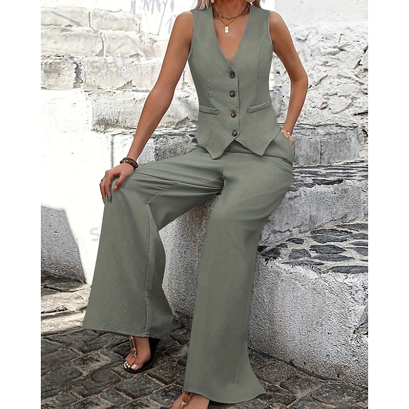 Women's Active Blouse Vest Pants Sets Sleeveless V Neck Solid Color Dubbele Rij Knopen Outdoor Vacation Blue Green Khaki Summer Regular Fit2