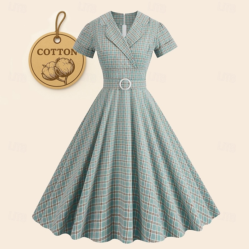 Retro Vintage 1950s Rockabilly Midi Dress Swing Dress Flare Dress Plaid Checkered Checkered Gingham Fancy Dress Women's Masquerade Masquerade Date Bachelorette Party Adults' Dress Homecoming Dresses