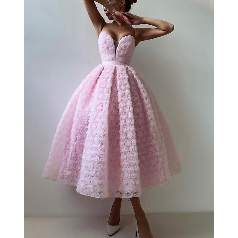 A-Line Cocktail Dresses Celebrity Style Dress Formal Wedding Guest Floor Length Sleeveless Plunge Neck Belt / SashDress Tulle with Rose Flower3