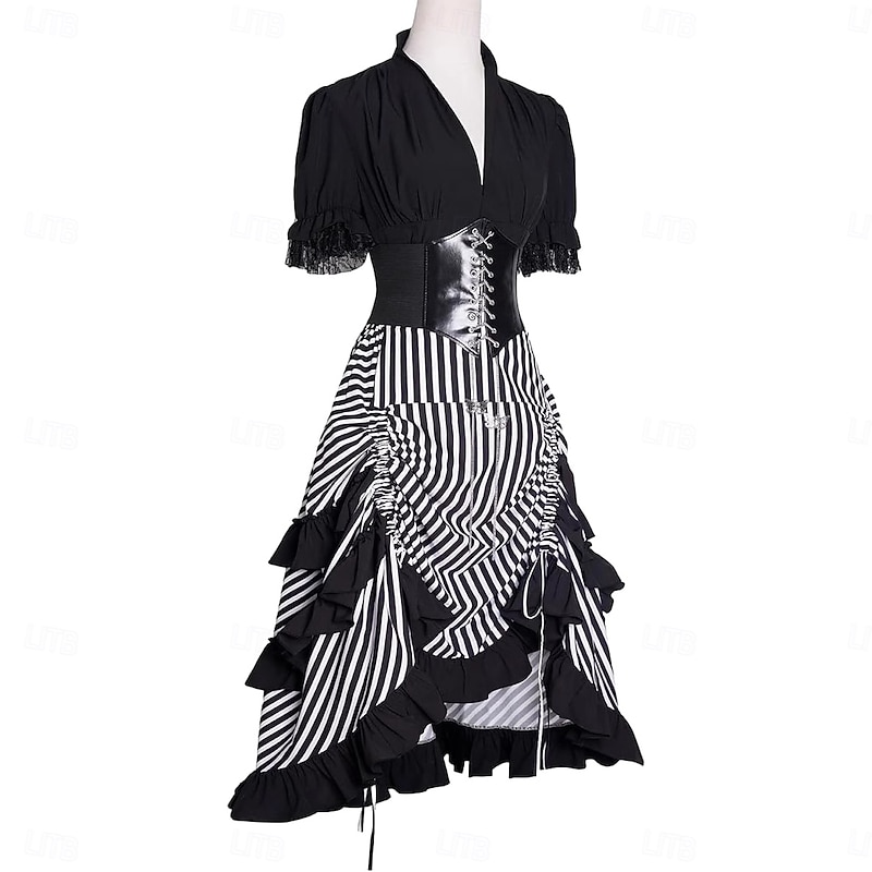 Retro Vintage Renaissance Steampunk Asymmetrical Dress Corset Outfits Pirate Stripes A-Line Fancy Dress Women's Pirate Royal Halloween Carnival Party LARP Ren Faire Adults' Top Skirt Corset All4