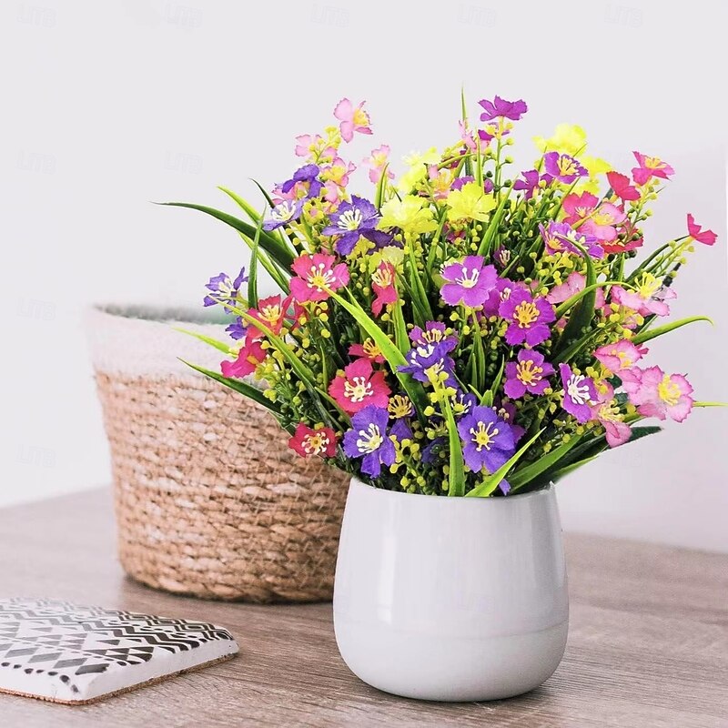 10pcs Artificial Flower Spring Grass and Small Chrysanthemum Flowers, Faux Green Plants and Water Grass, Home Wedding Decoration, Plastic Fake Flowers for Indoor Decor4